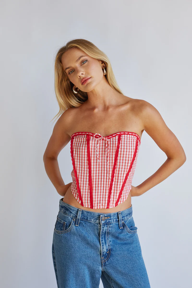 Kacey Lace Gingham Front Tie Corset