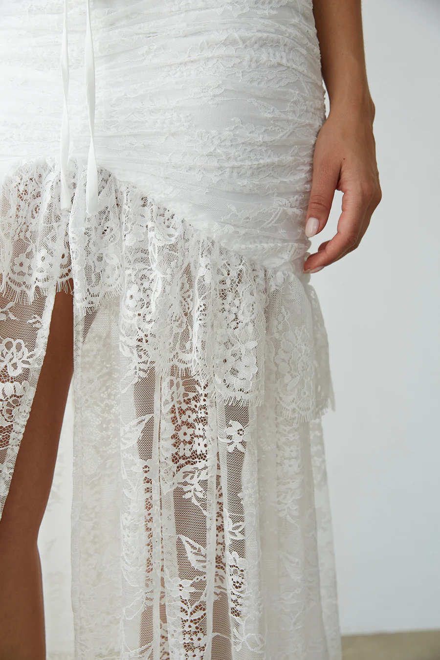 Aphrodite Lace Ruched Rosette Maxi Dress