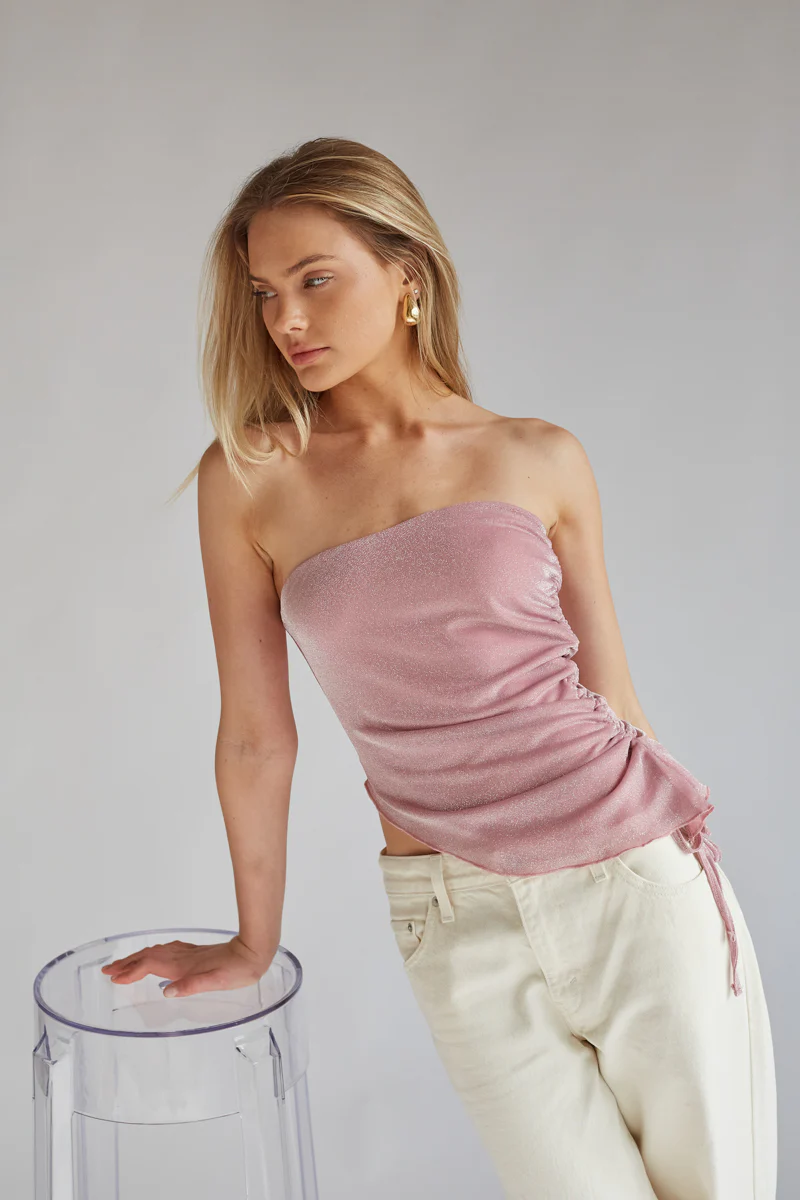 Valentina Strapless Glitter Asymmetrical Cinch Top