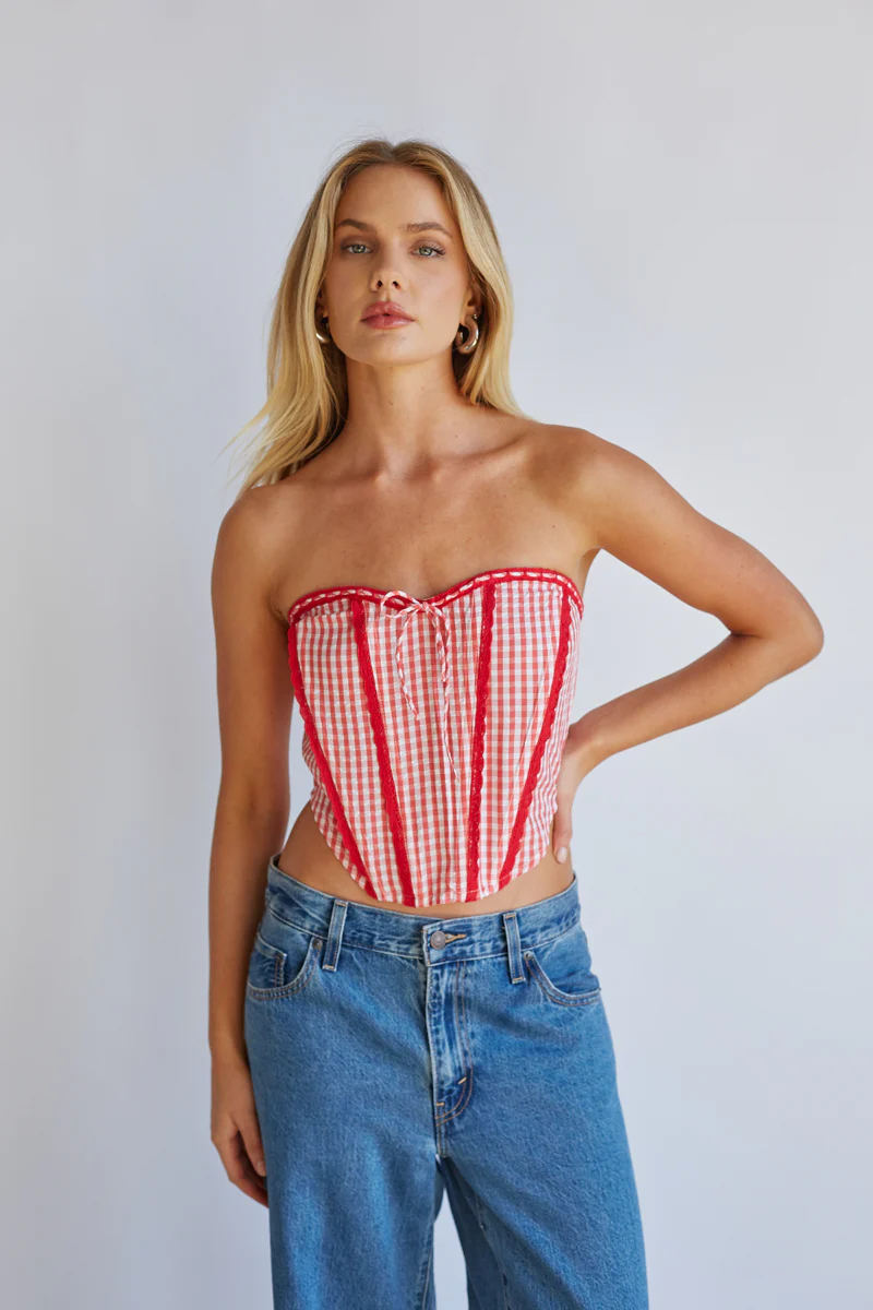 Kacey Lace Gingham Front Tie Corset