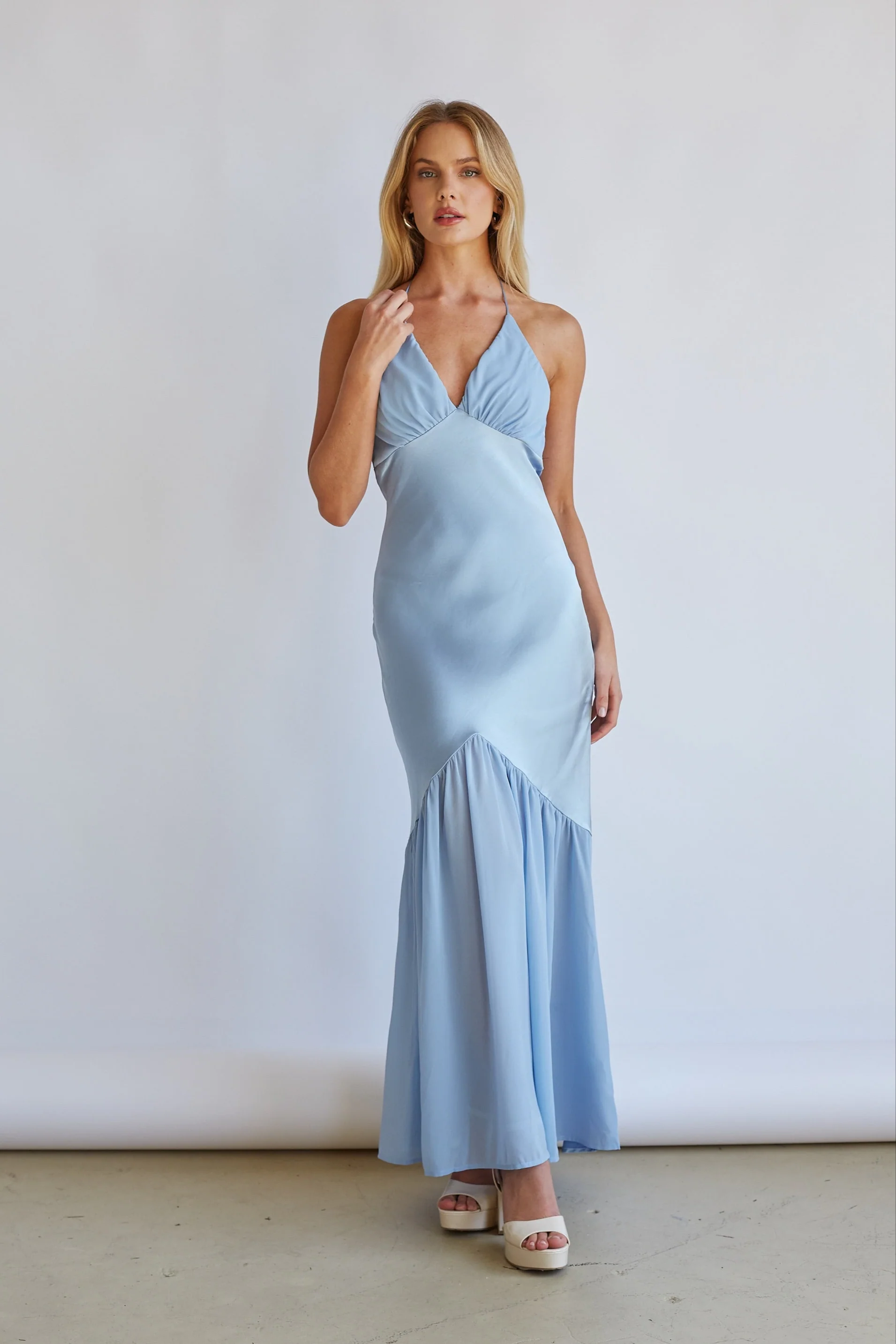 Lucinda Halter V-Neck Open Back Satin Midi Dress