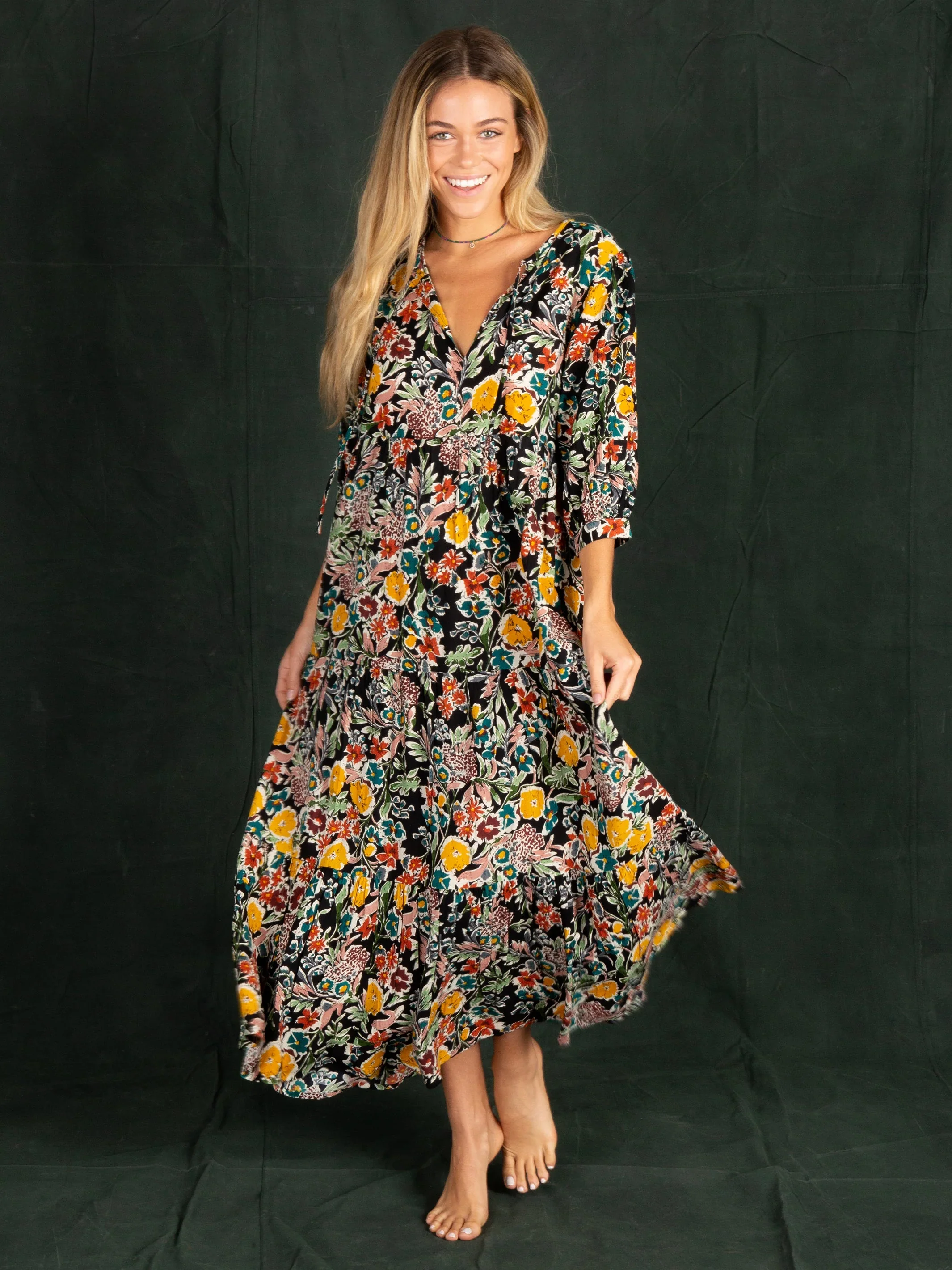 Sage V-Neck Maxi Dress - Gold Fall Floral