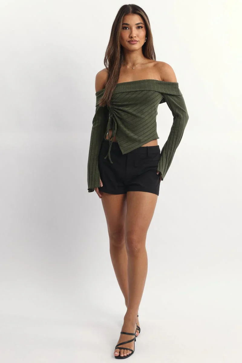 Green Off Shoulder Top Long Sleeve Ruched
