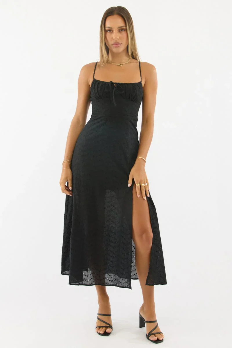 Black Midi Dress Gathered Bust Eyelet Fabric