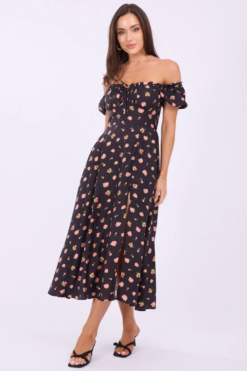 Black Ditsy Midi Dress Puff Sleeve