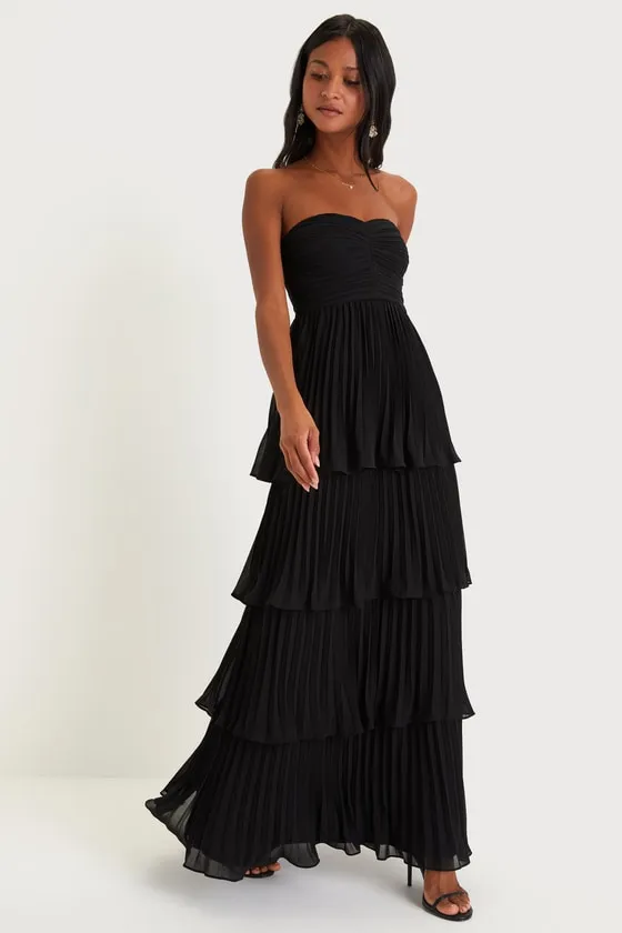 Seriously Sensational Black Strapless Tiered Maxi Dress