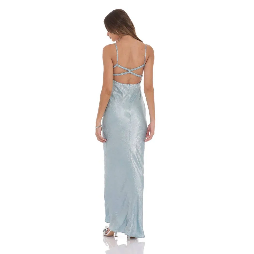 Crinkle Satin Open Back Maxi Dress in Sky Blue