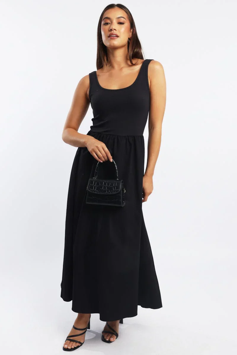 Black Midi Dress Ribbed Bodice