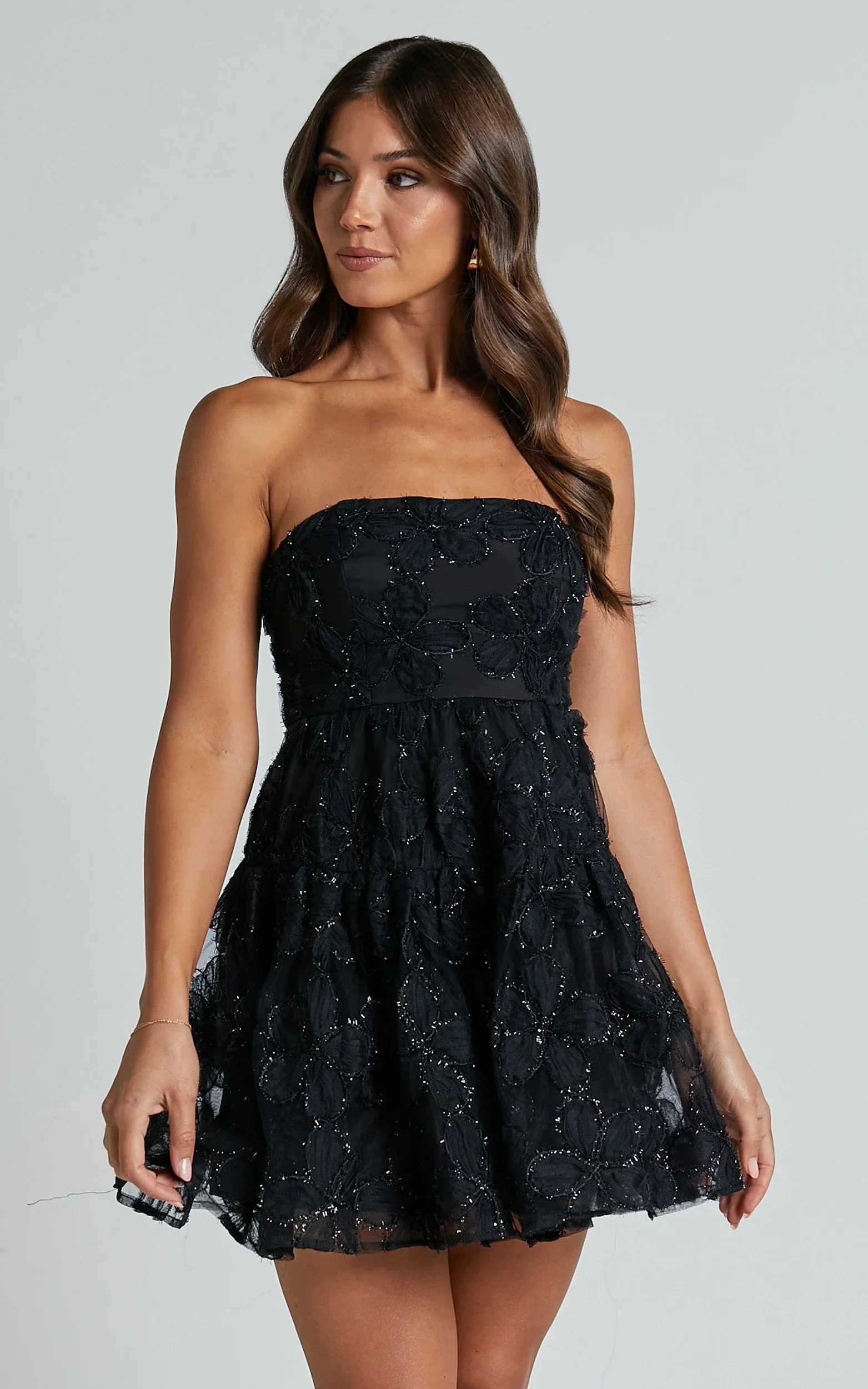 Marzy Mini Dress Strapless Floral Detail Lace Fit and Flare Dress in Black