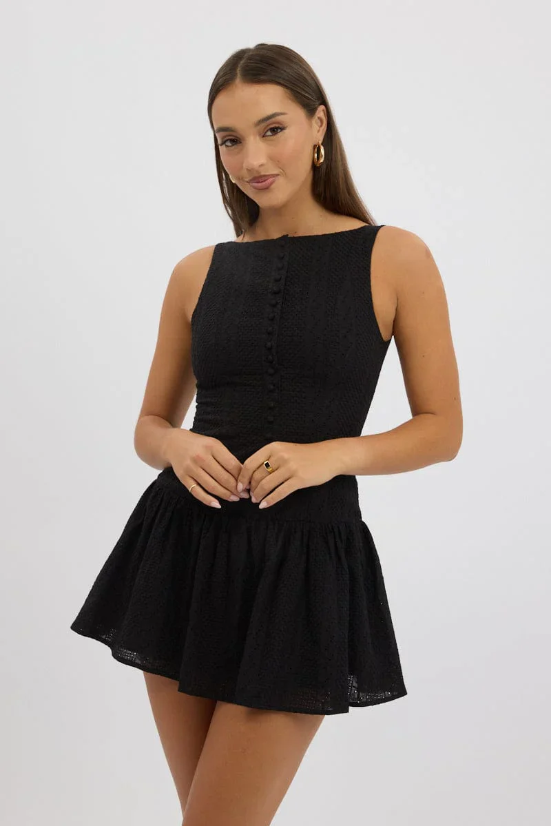Black Midi Dress Drop Waist Lace Fabric