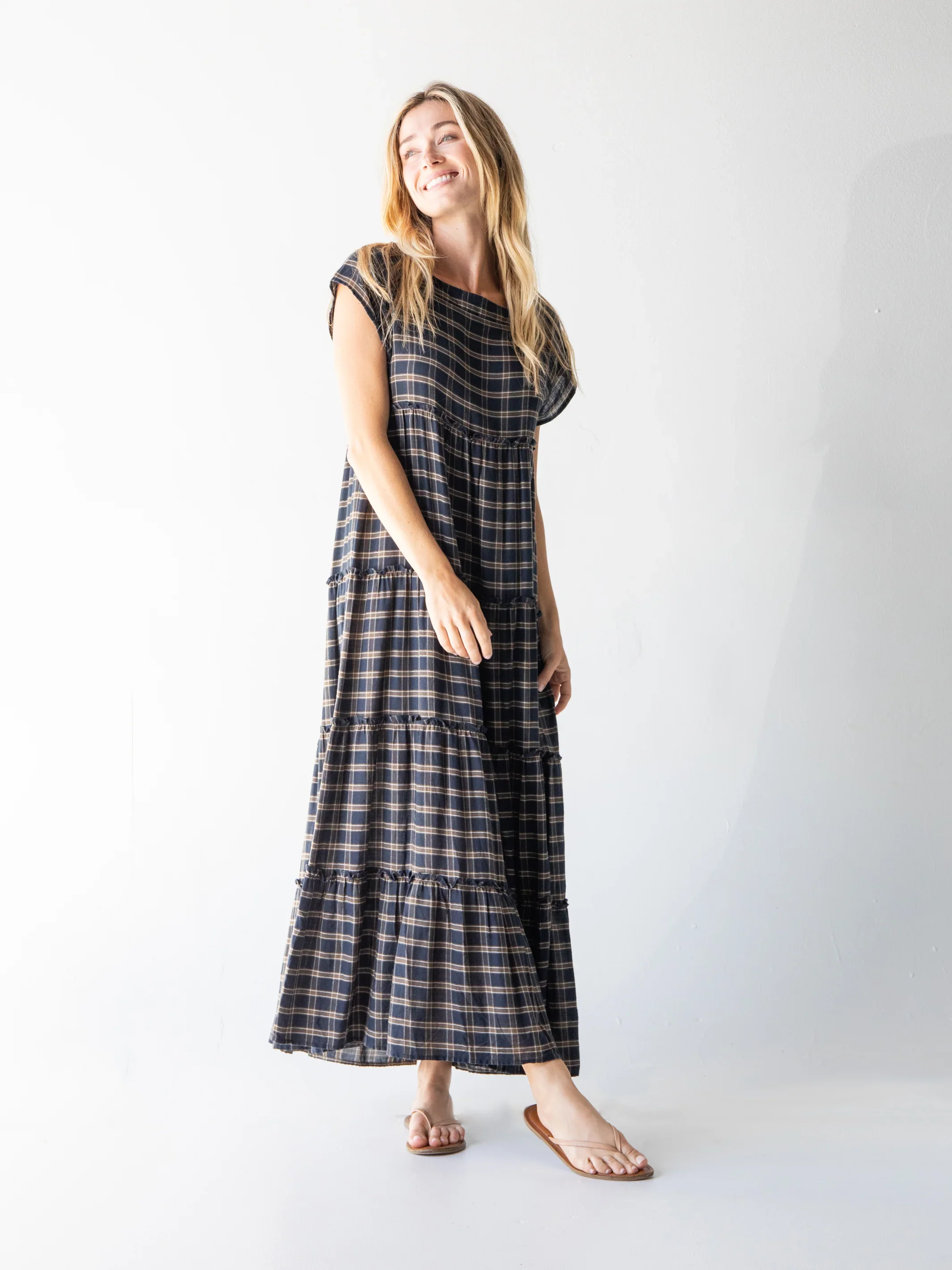 Berkley Maxi Dress - Navy Tan Plaid