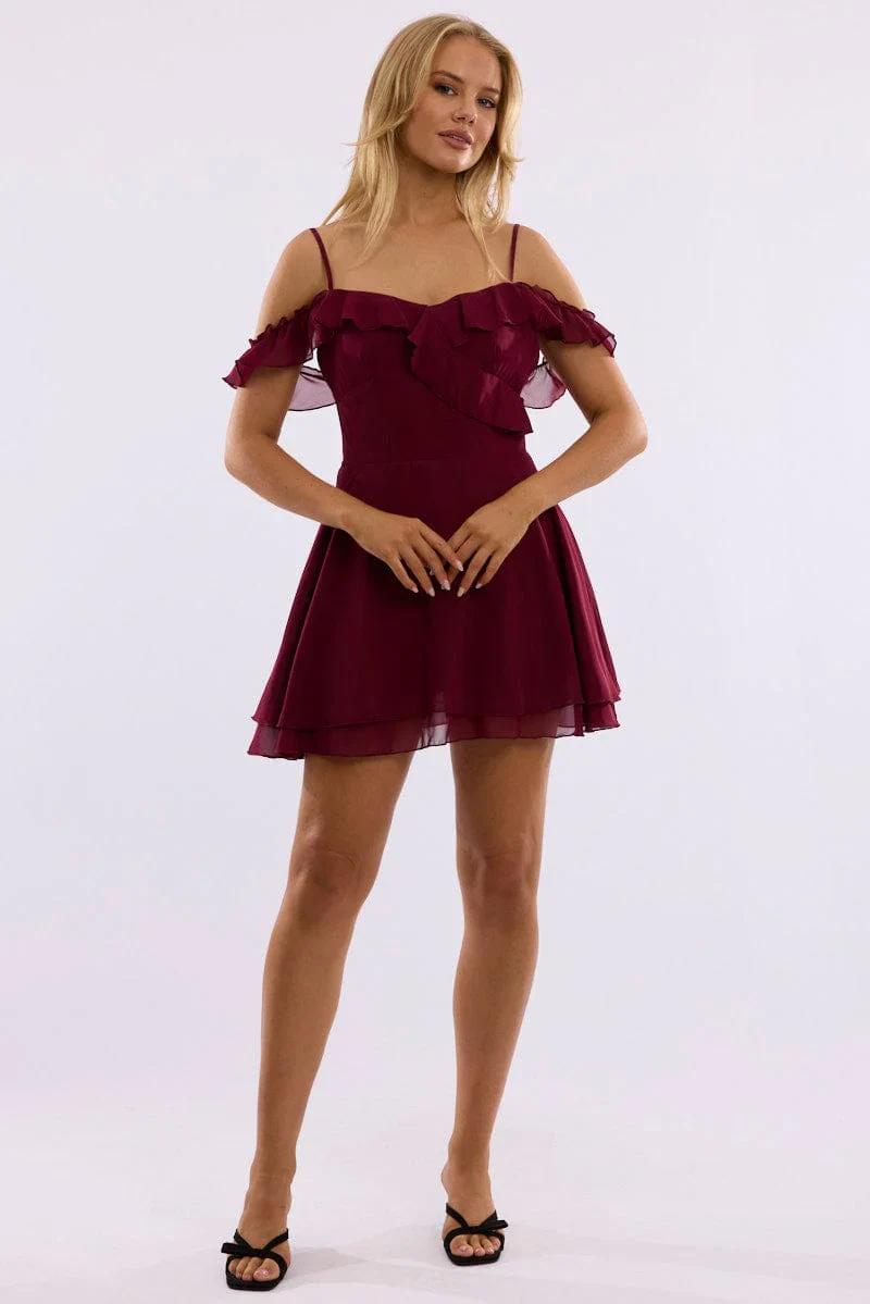 Red Mini Dress Ruffle Detail Chiffon
