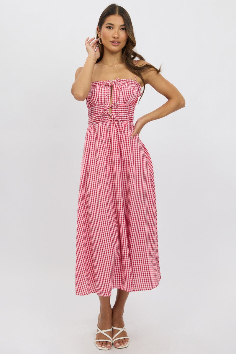 Red Check Midi Dress Ribbon Detail Strappy