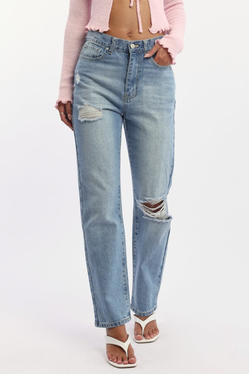 Denim Straight Jeans High Rise Knee Slit