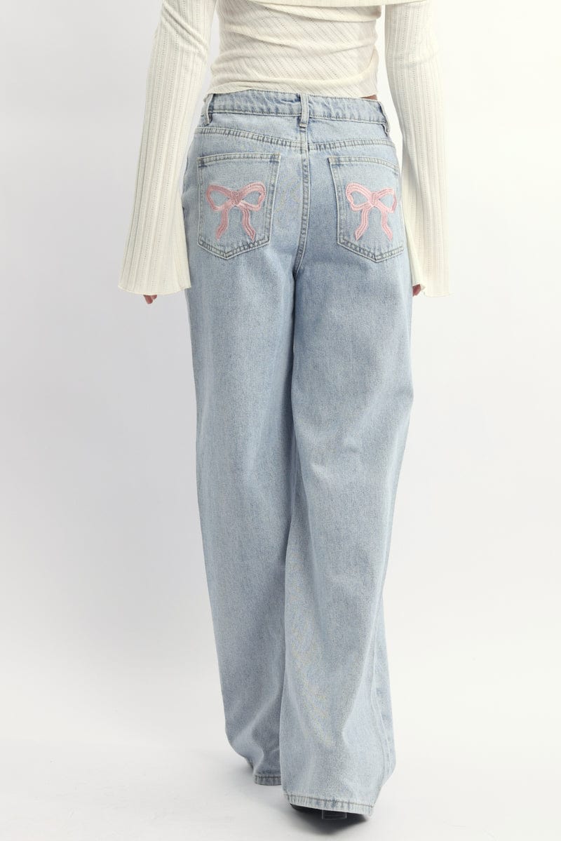 Denim Wide Leg Jeans Ribbon Pocket