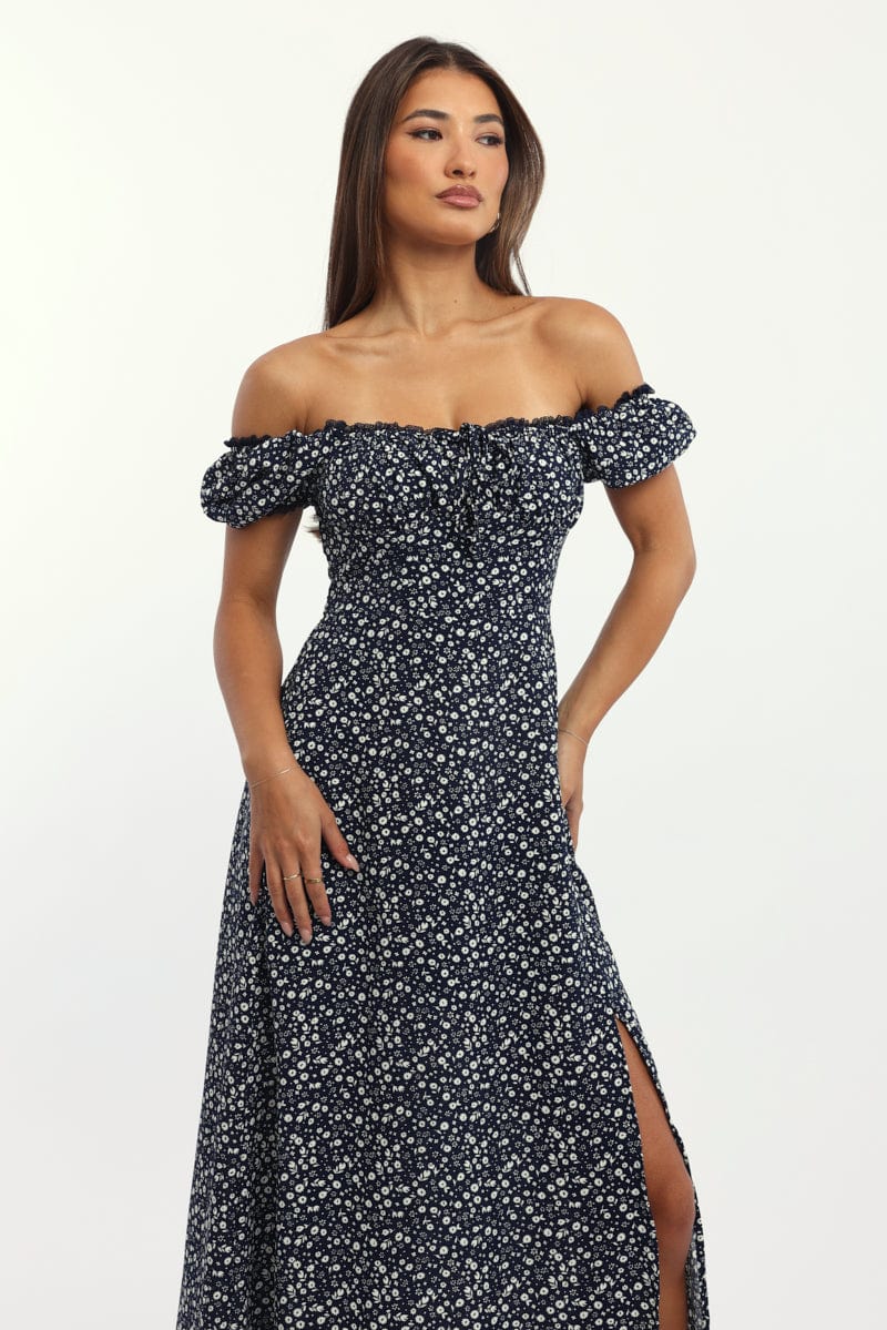 Blue Ditsy Midi Dress Short Sleeve Side Split