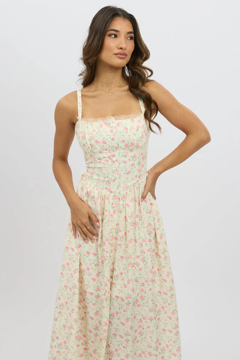 White Ditsy Midi Dress Lace Trim