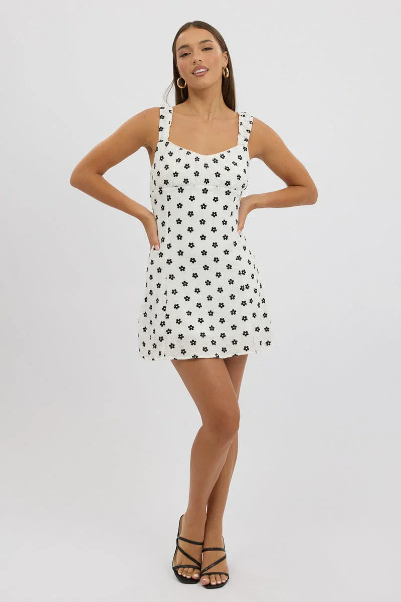 White Floral Mini Dress Gathered Bust