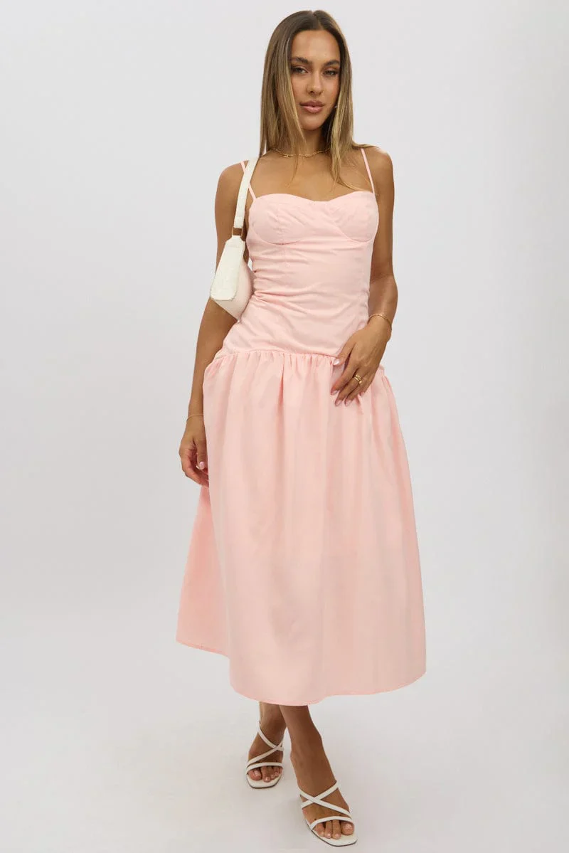 Pink Midi Dress Drop Waist