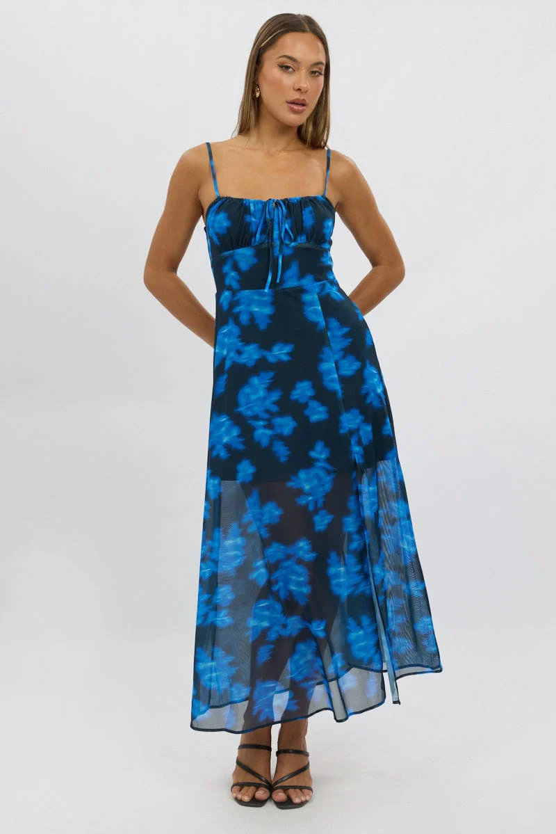Blue Abstract Midi Dress Gathered Bust