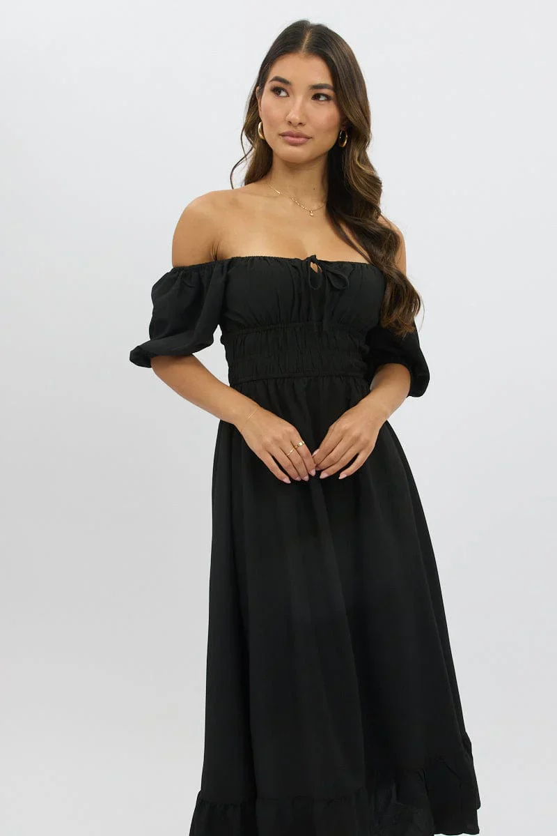 Black Midi Dress Short Sleeve Ruched Bust