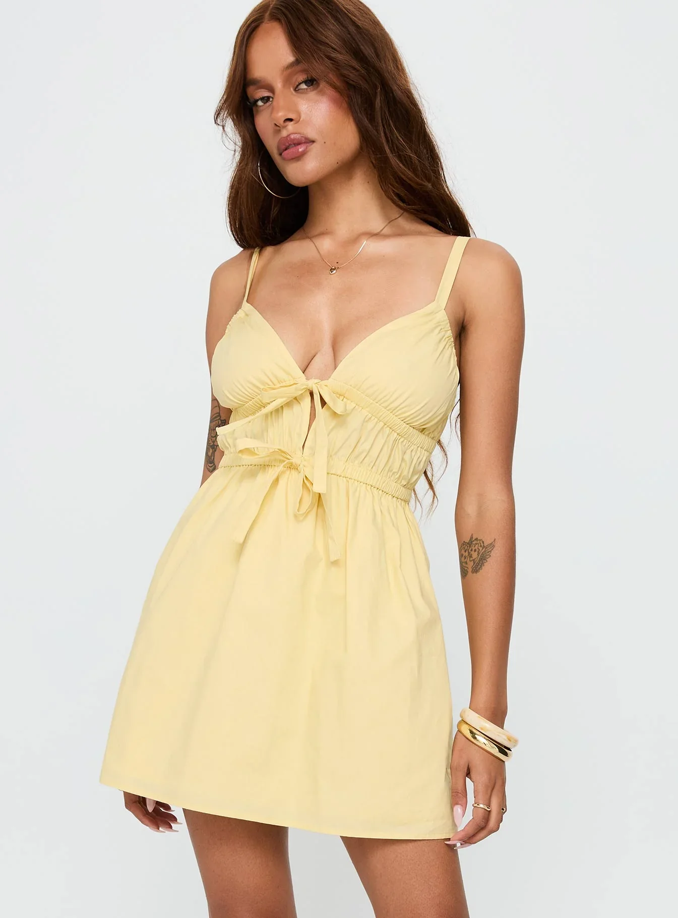 Viviette Ruched Mini Dress Lemon
