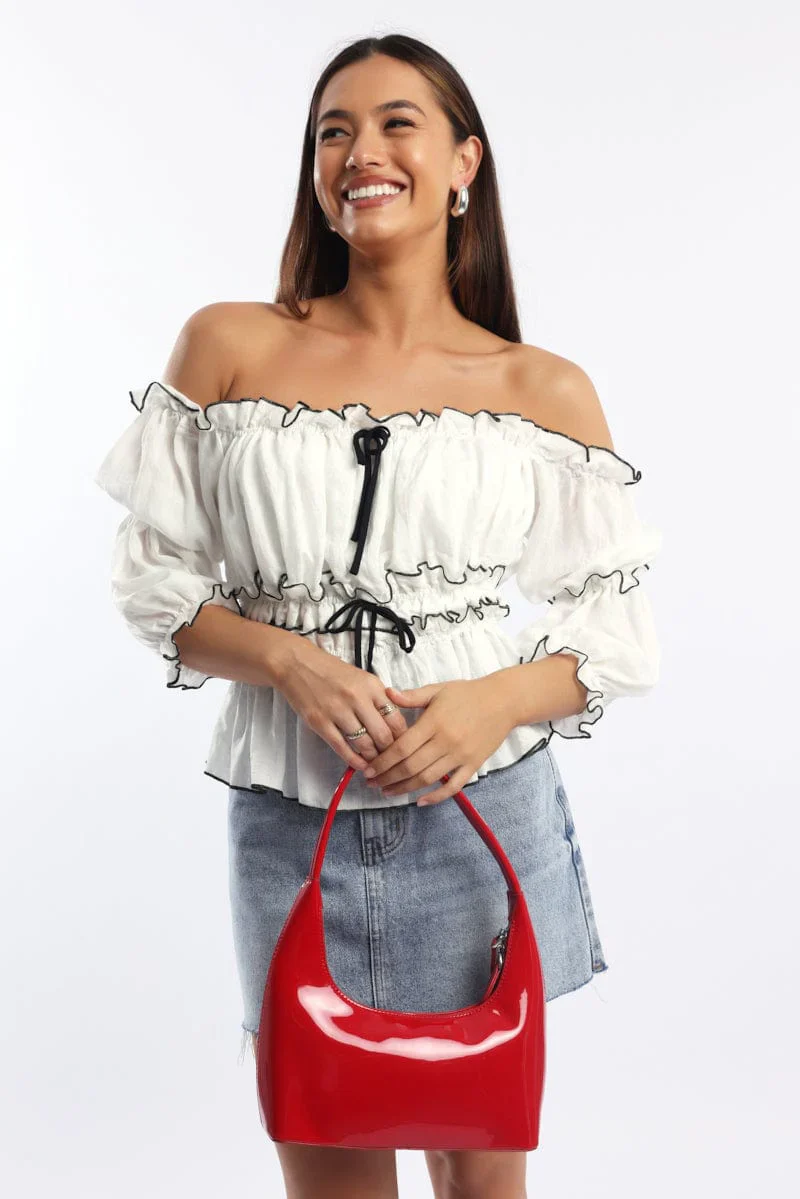 White Off Shoulder Top Mid Sleeve Gathered Detail