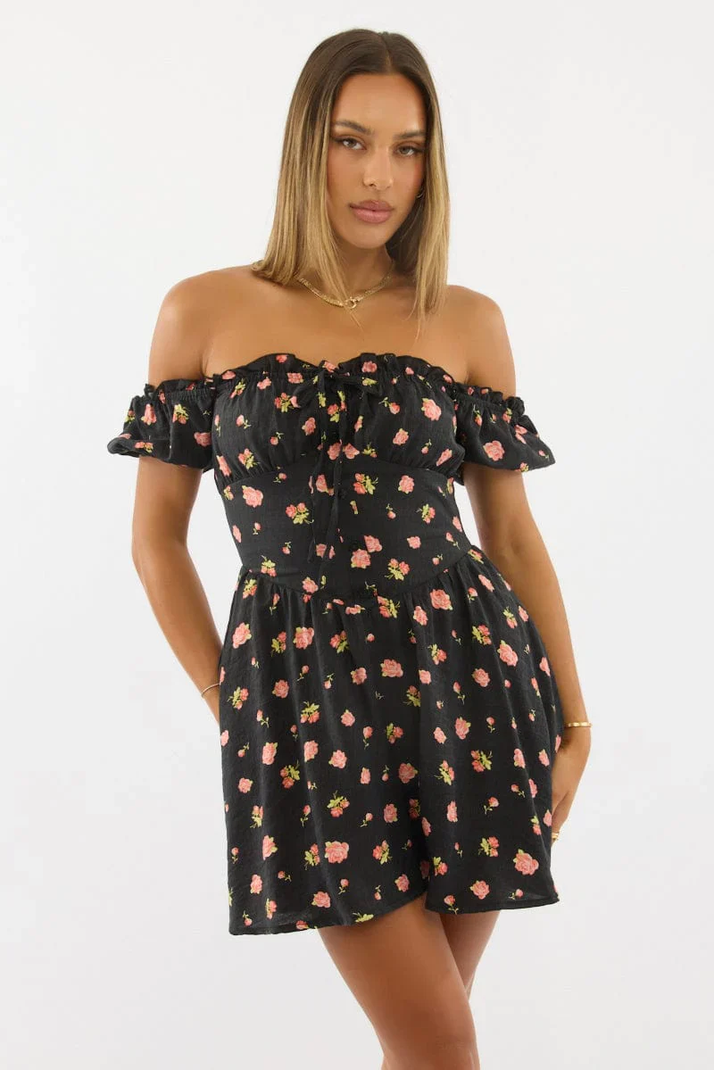Black Ditsy Fit And Flare Dress Mini