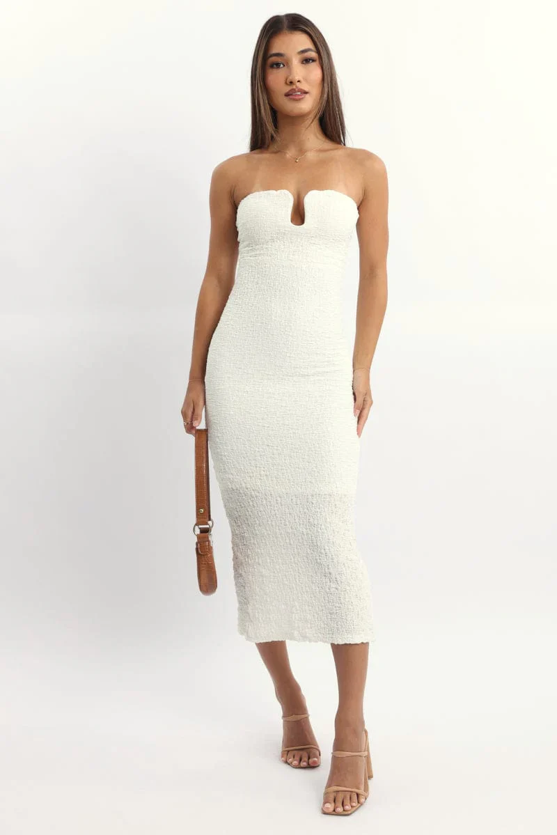 White Bodycon Dress Boob Tube Textured Midi