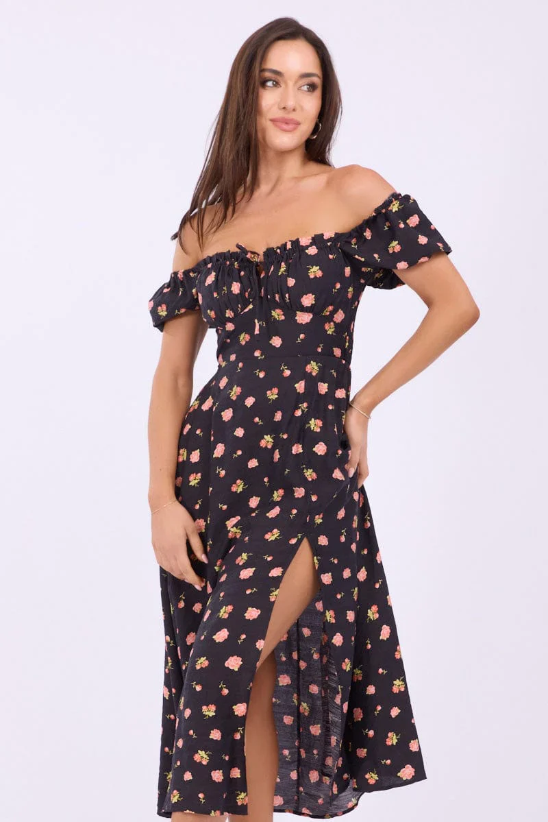 Black Ditsy Midi Dress Puff Sleeve