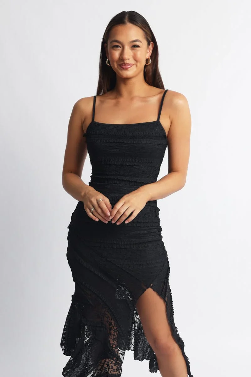 Black Midi Dress Asymmetric Hem Lace