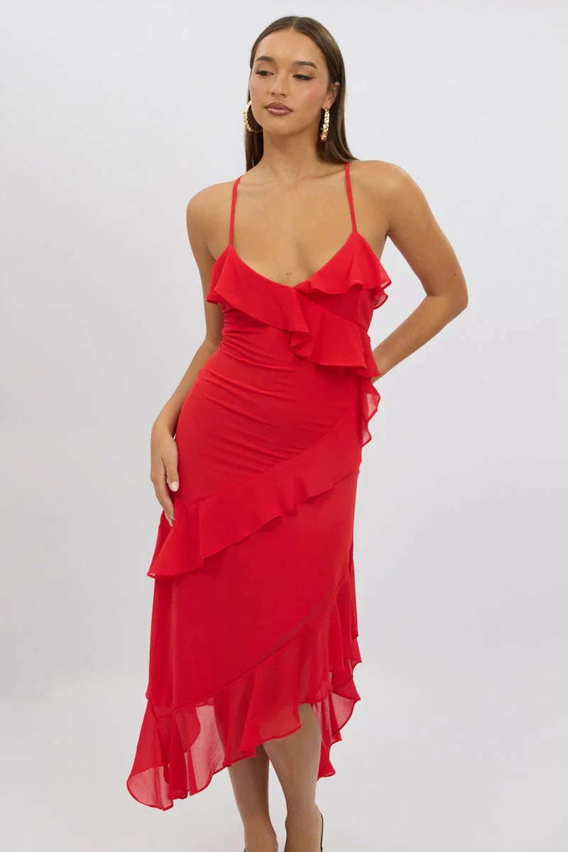 Red Midi Dress Ruffle Detail
