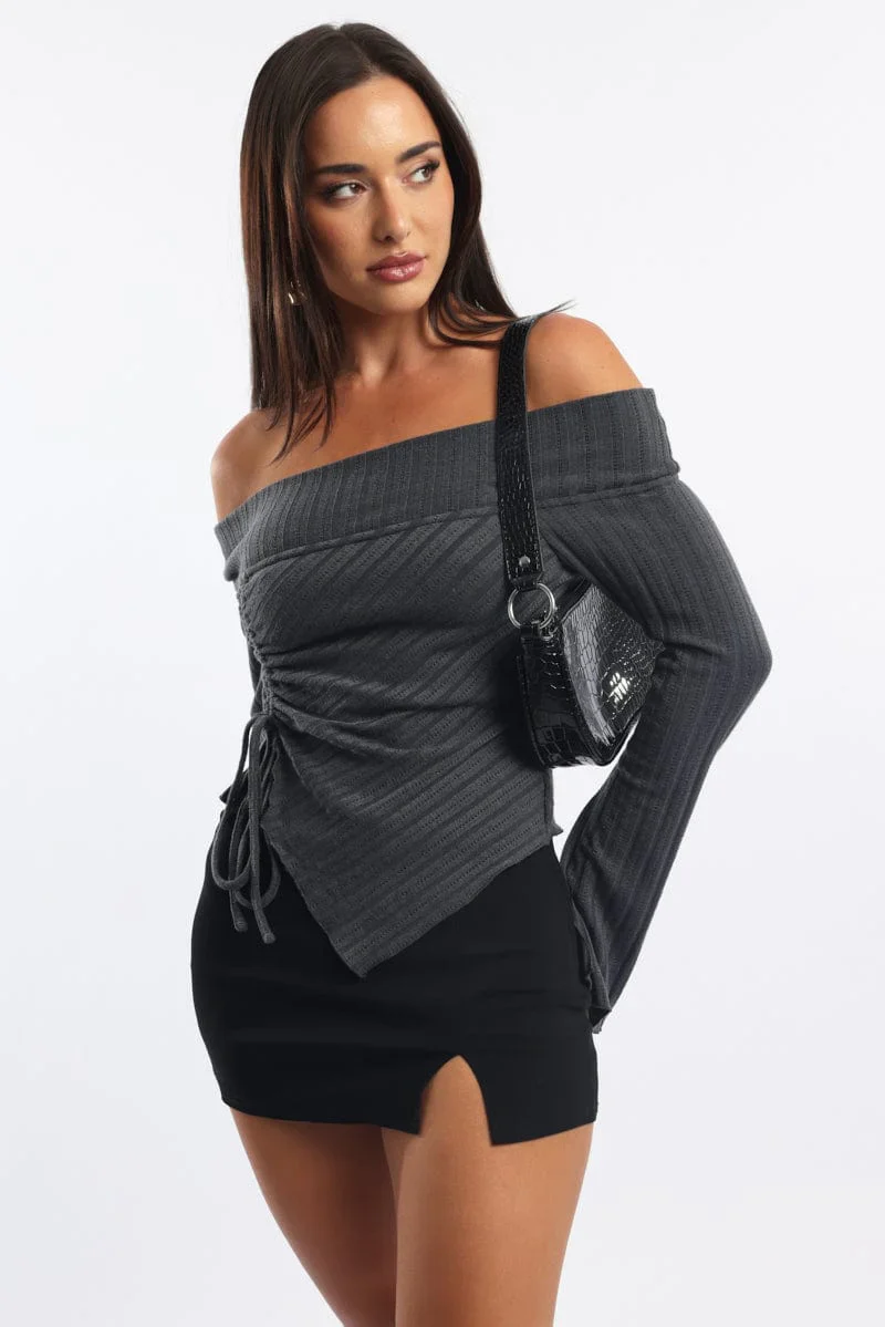 Grey Off Shoulder Top Long Sleeve Ruched