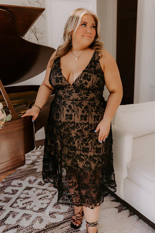 Romantic Moment Embroidered Midi Dress in Black Curves