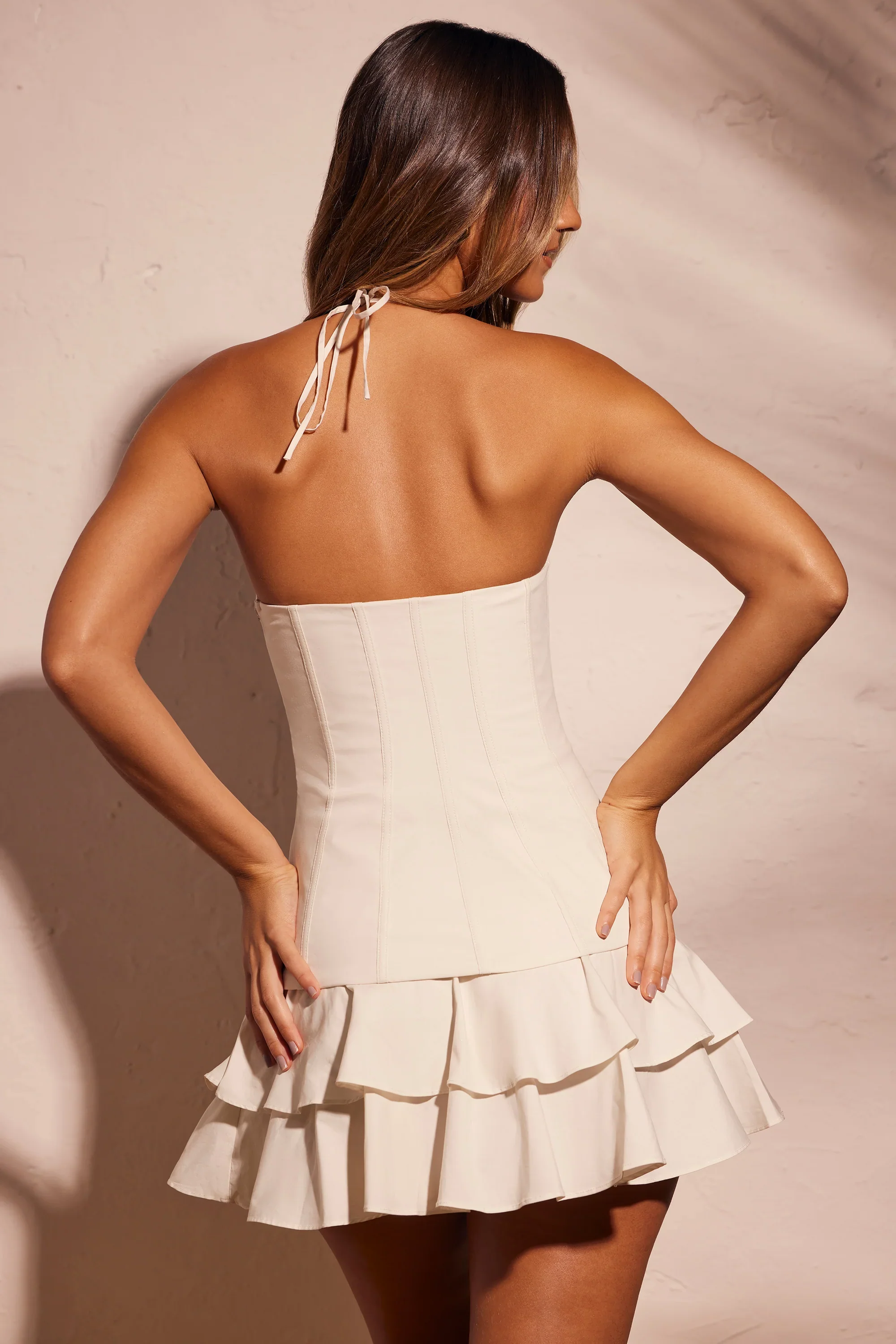 Frill Hem Corset Cotton Mini Dress in Ecru