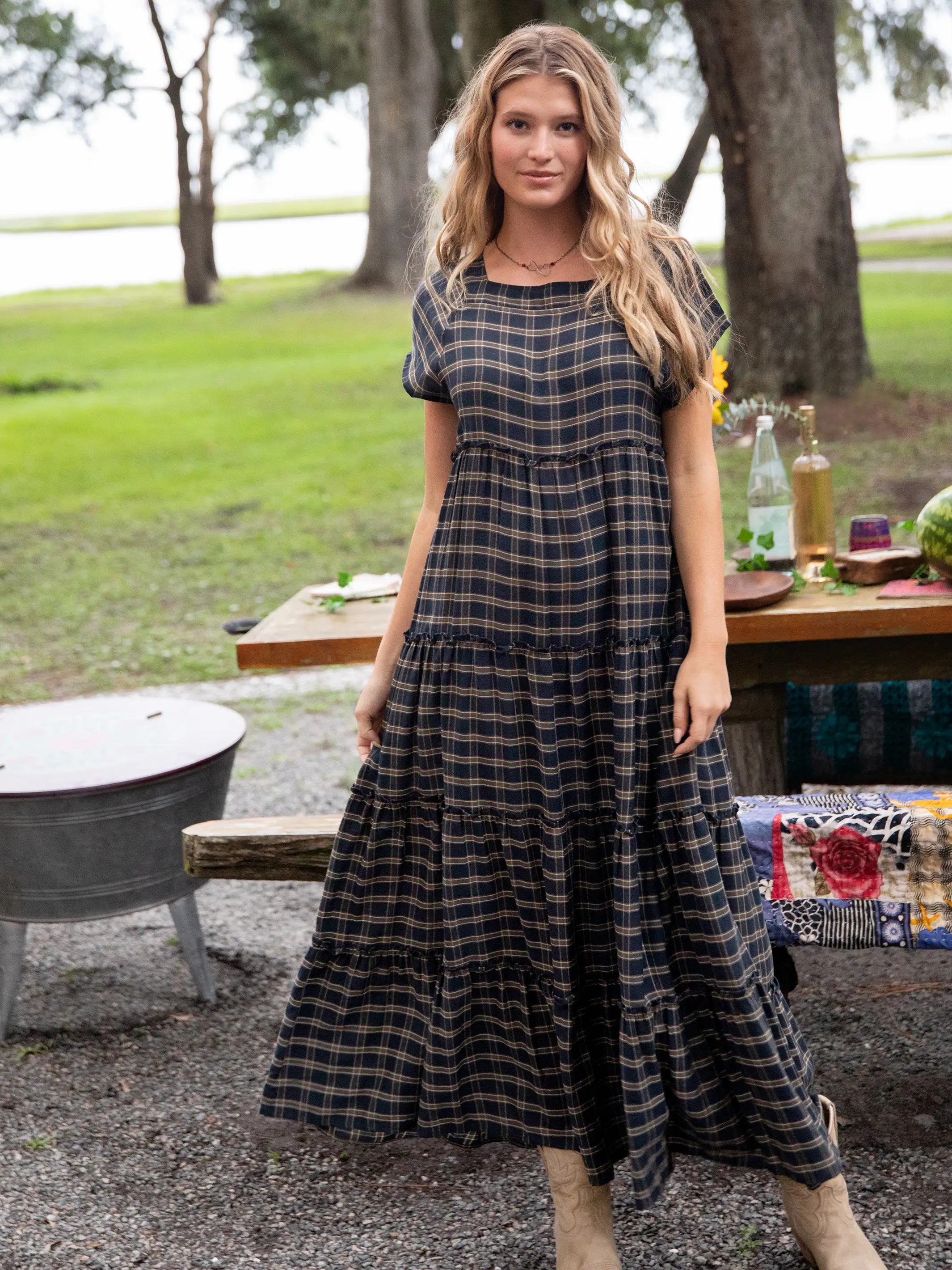 Berkley Maxi Dress - Navy Tan Plaid