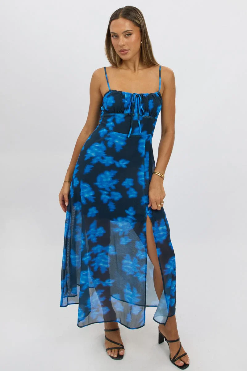 Blue Abstract Midi Dress Gathered Bust