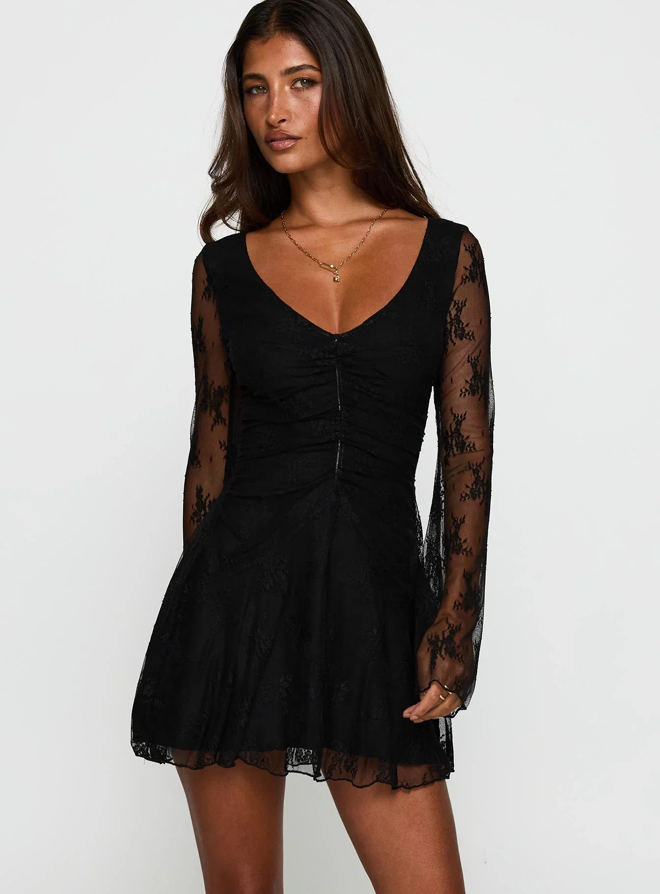 Kateryna Long Sleeve Lace Mini Dress Black