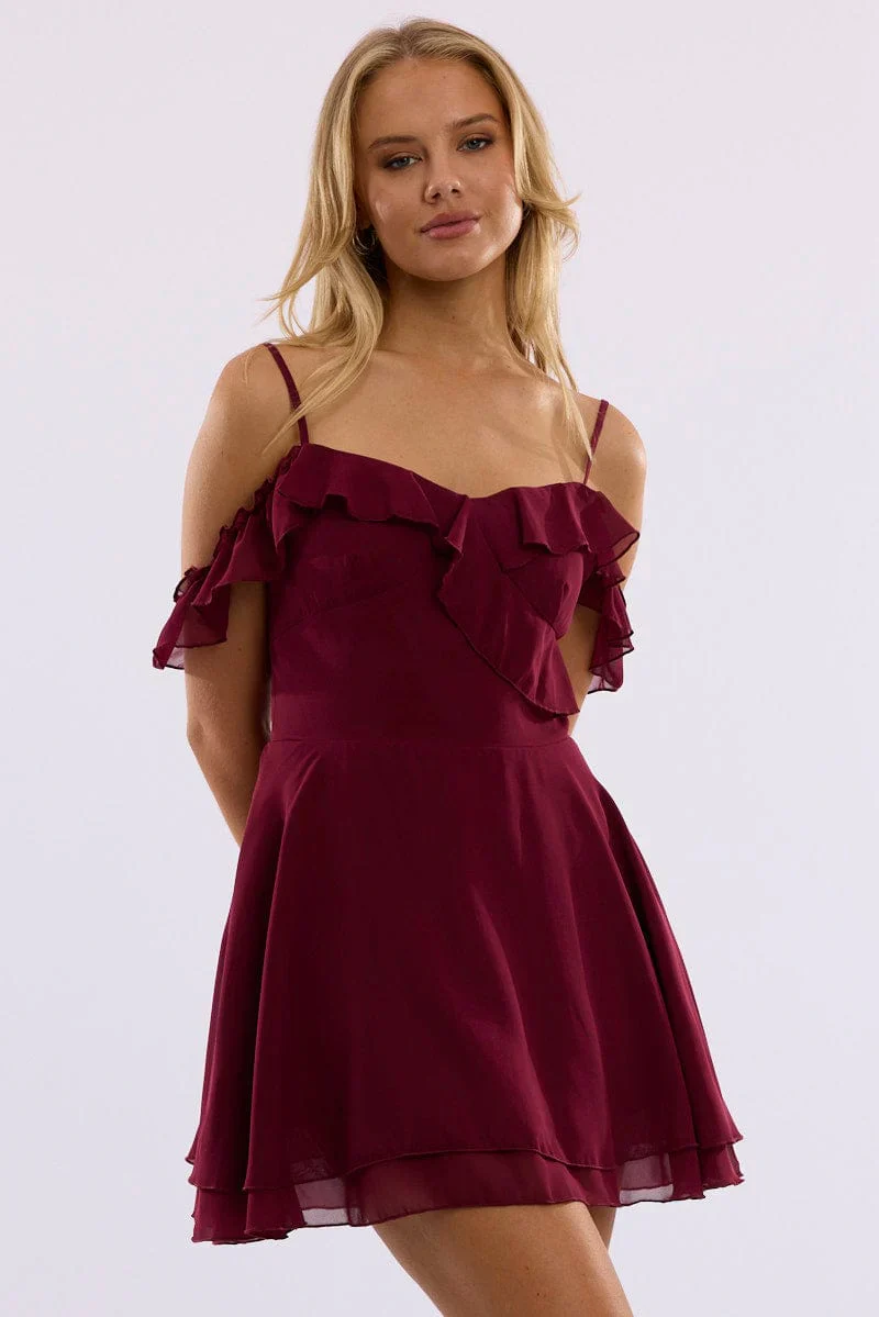 Red Mini Dress Ruffle Detail Chiffon