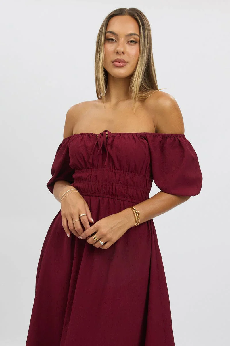 Red Midi Dress Short Sleeve Ruched Bust