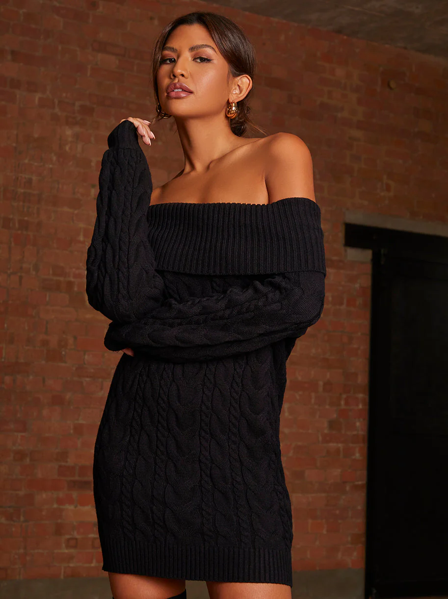 Off-Shoulder Cable Knit Jumper Dress in Black