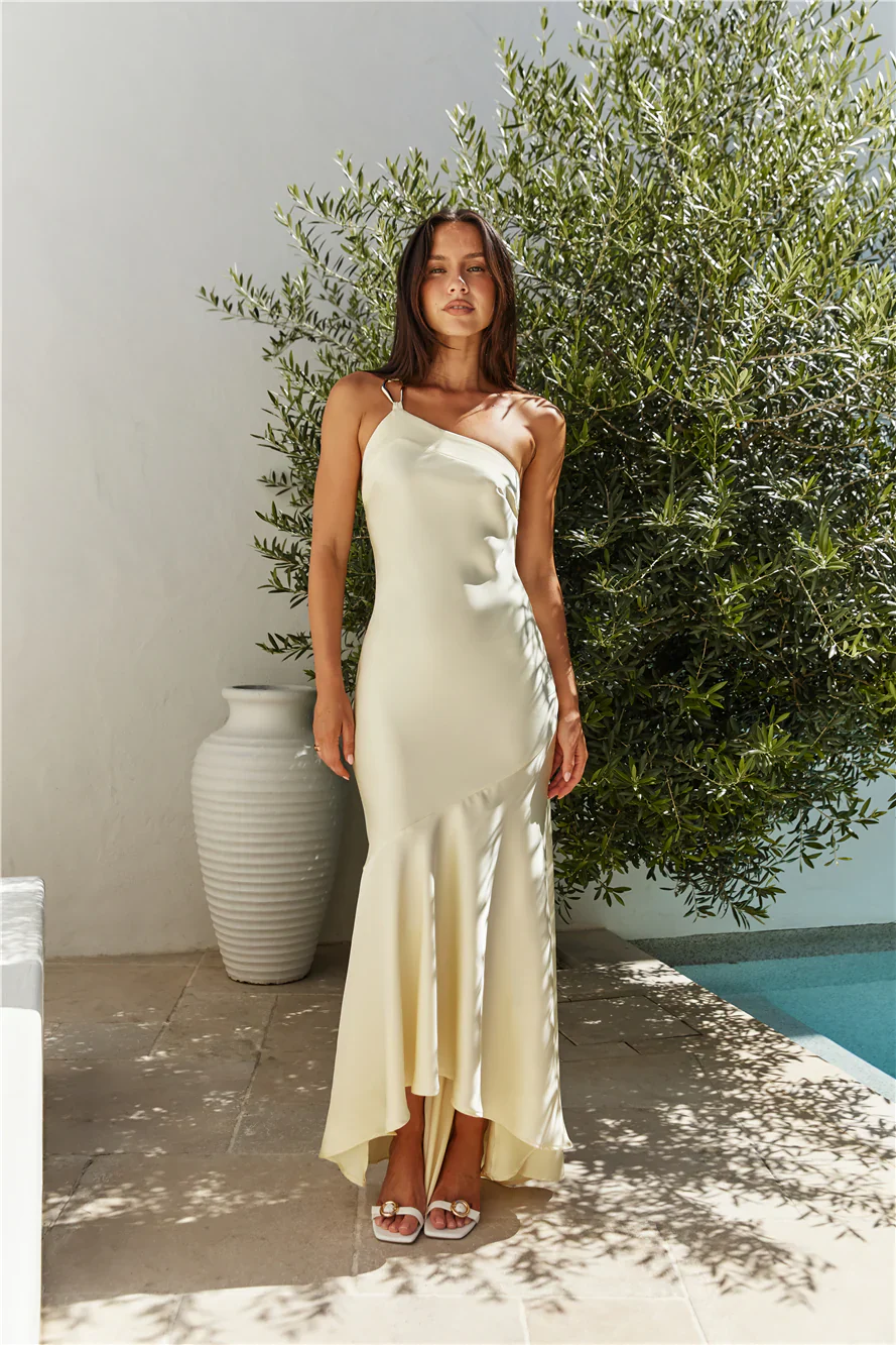 Champagne Chat One Shoulder Maxi Dress Yellow