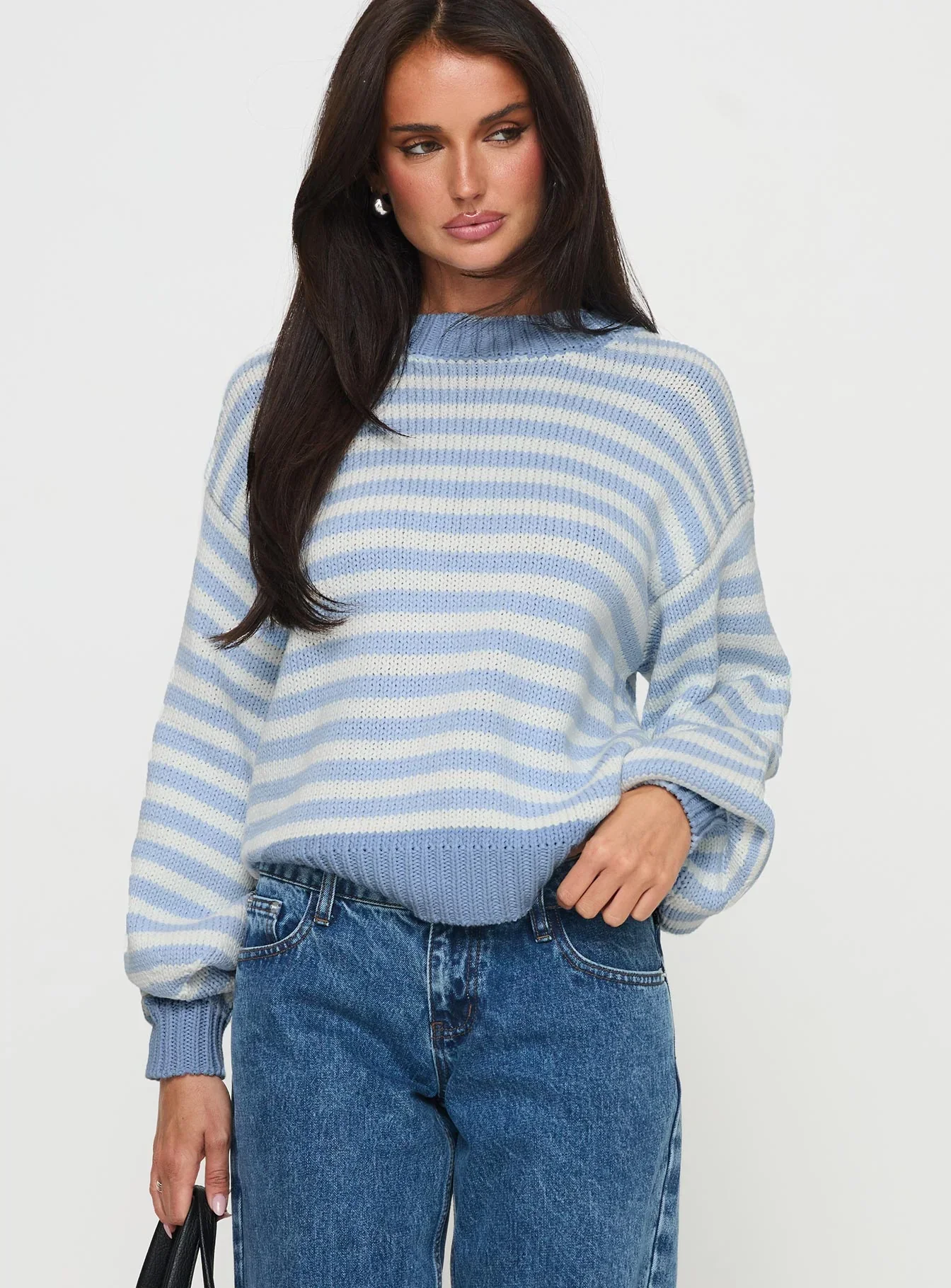 Harmony Balloon Sleeve Knit Sweater Blue / White Stripe