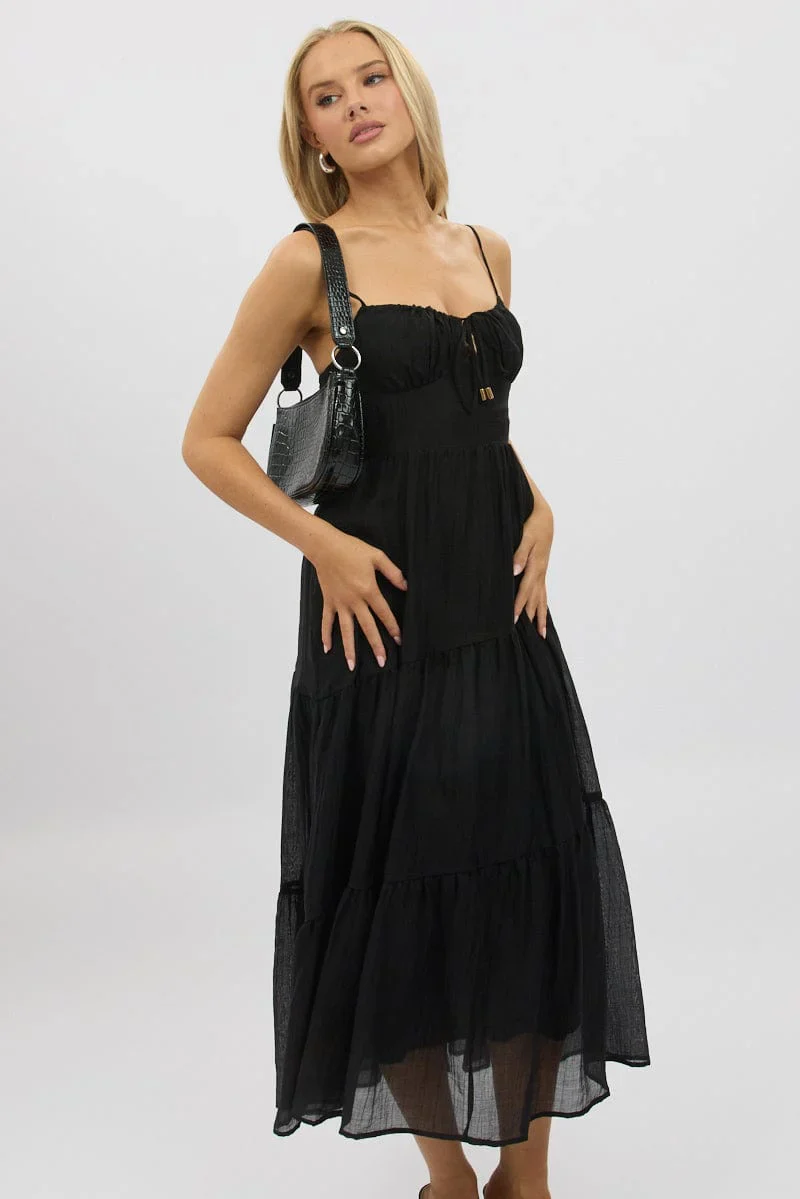 Black Midi Dress Tiered Strappy