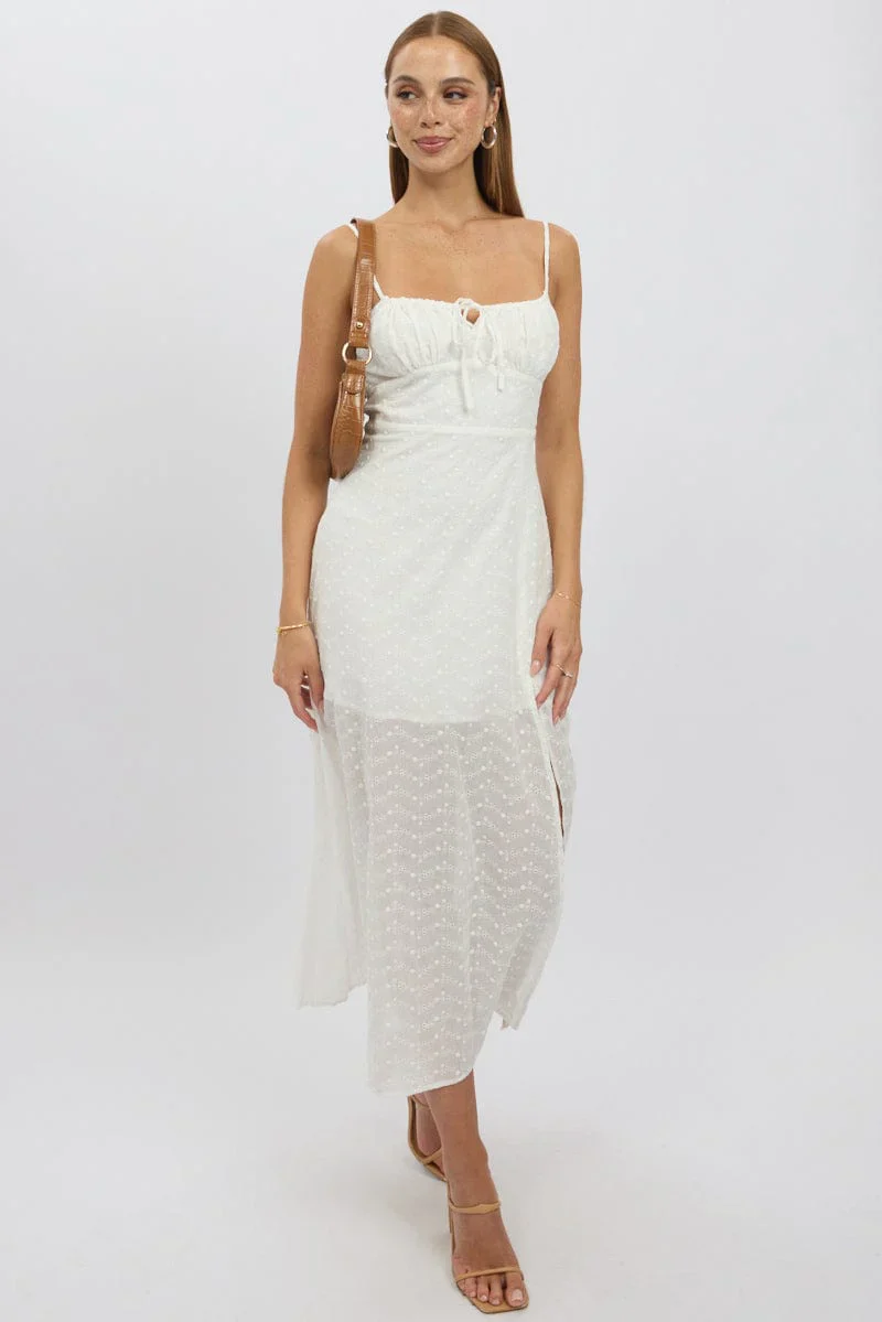 White Midi Dress Gathered Bust Eyelet Fabric