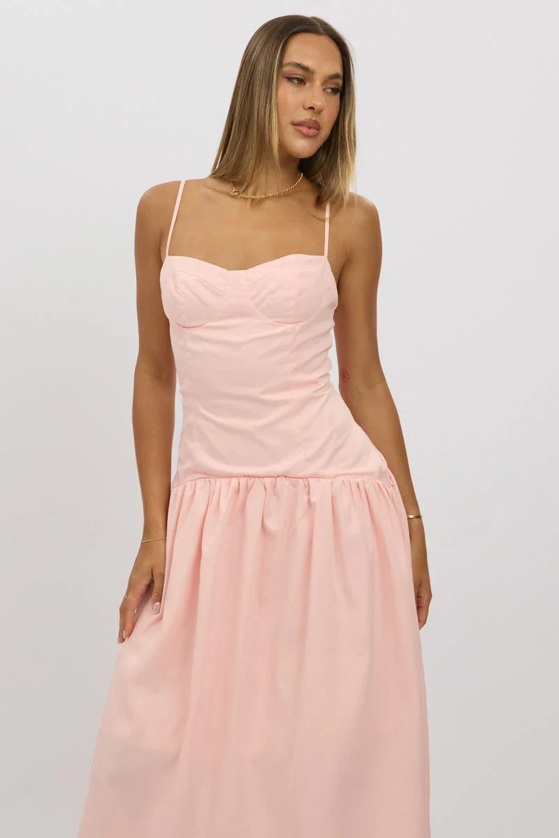 Pink Midi Dress Drop Waist