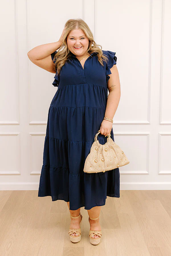 Sunny Spritzer Tiered Midi Dress in Navy Curves