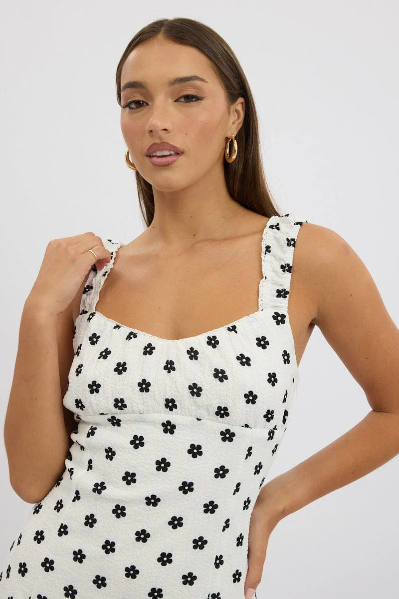 White Floral Mini Dress Gathered Bust