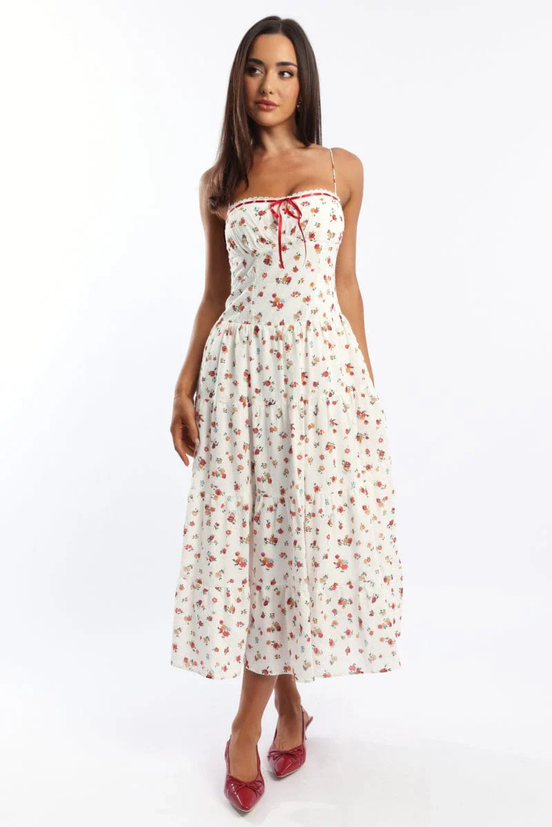 White Floral Maxi Dress Satin Tape Detail