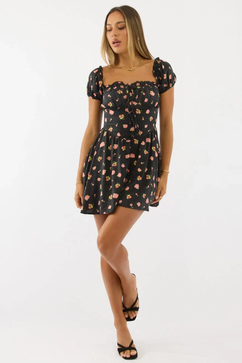 Black Ditsy Fit And Flare Dress Mini